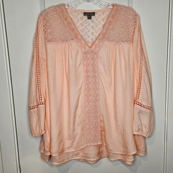 Style & Co. Size XL Pink Embroidered Blouse 3/4 Sleeve Lace Crochet Fairy Ballet - Picture 3 of 8